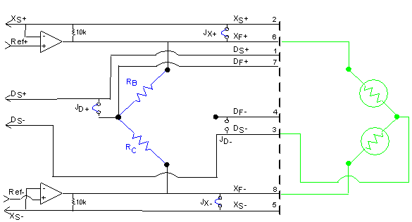 3-wire half-bridge interface with bridge completion resistors on one side.