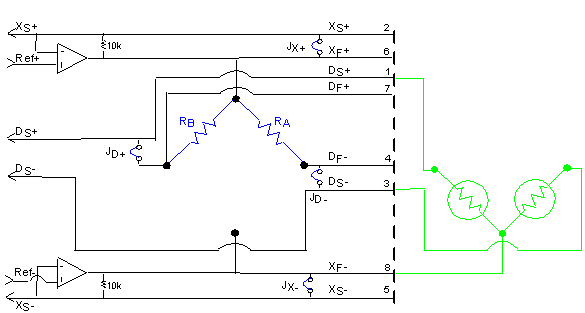 3-wire half-bridge interface with completion resistors added to the top on the module.