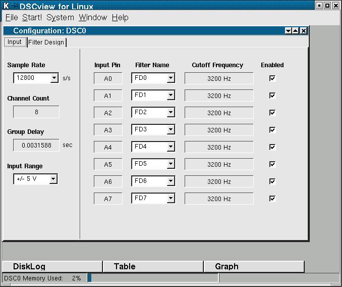 DSCview for Linux Input Screen