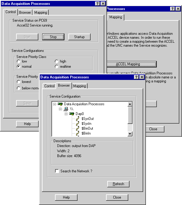 Accel32 Tabs: Take a look at the different tabs used in the Accel32 interface: Control (configure and stop/start), Browser (select data acquisition boards on the network), and Mapping (map names).